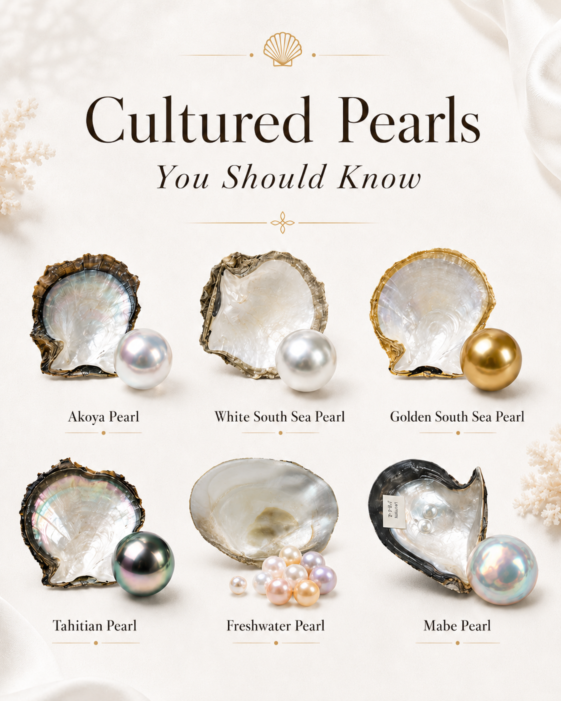 Cultured pearls guide showing Akoya pearl, White South Sea pearl, Golden South Sea pearl, Tahitian pearl, Freshwater pearl, and Mabe pearl with their shells
