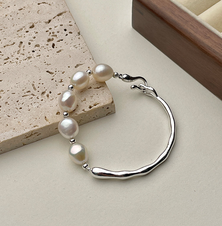 9–10mm freshwater baroque pearl bangle bracelet in sterling silver bangle