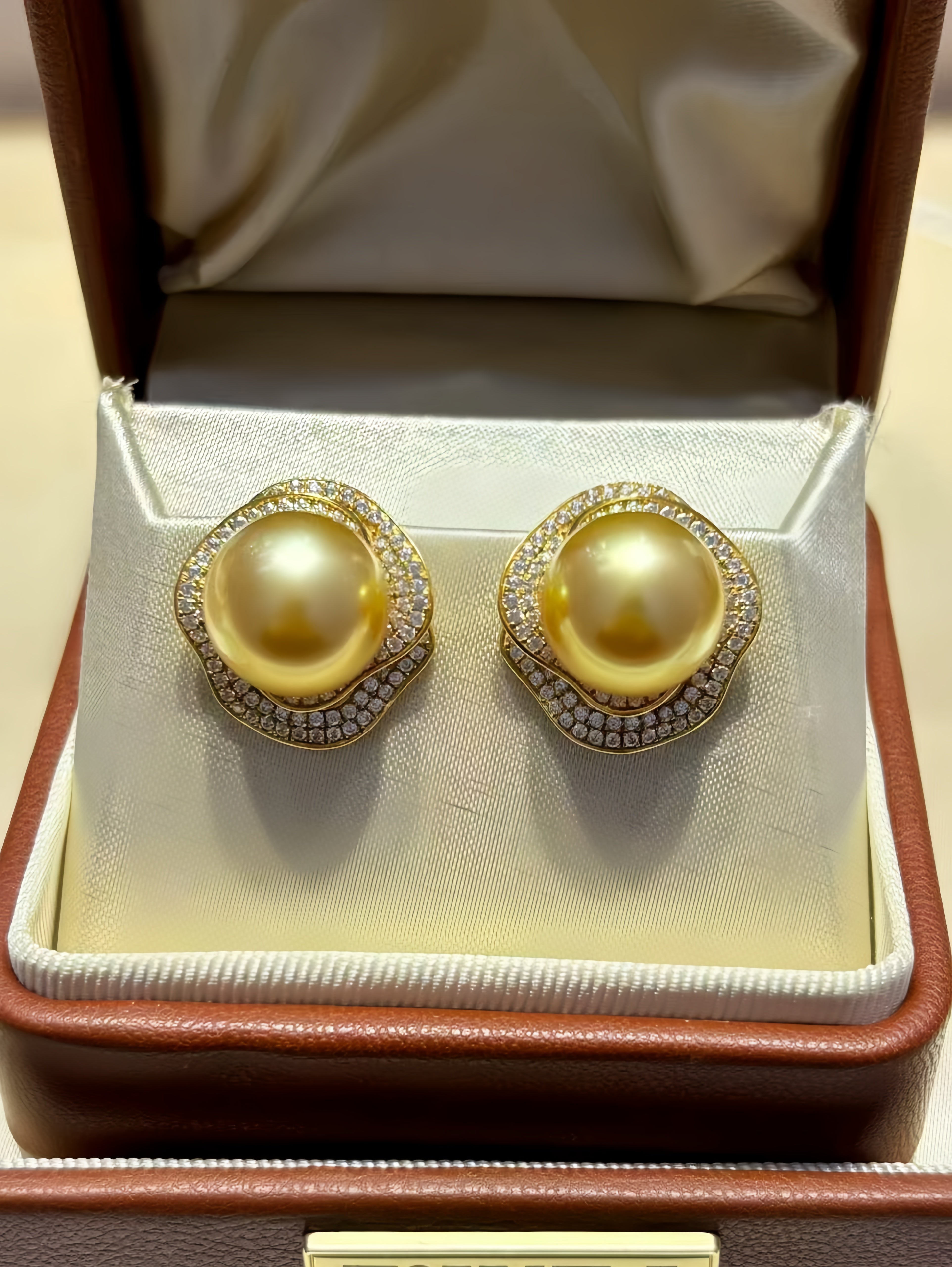 12-13mm South Sea Gold Pearl Earrings/18K Gold E.02