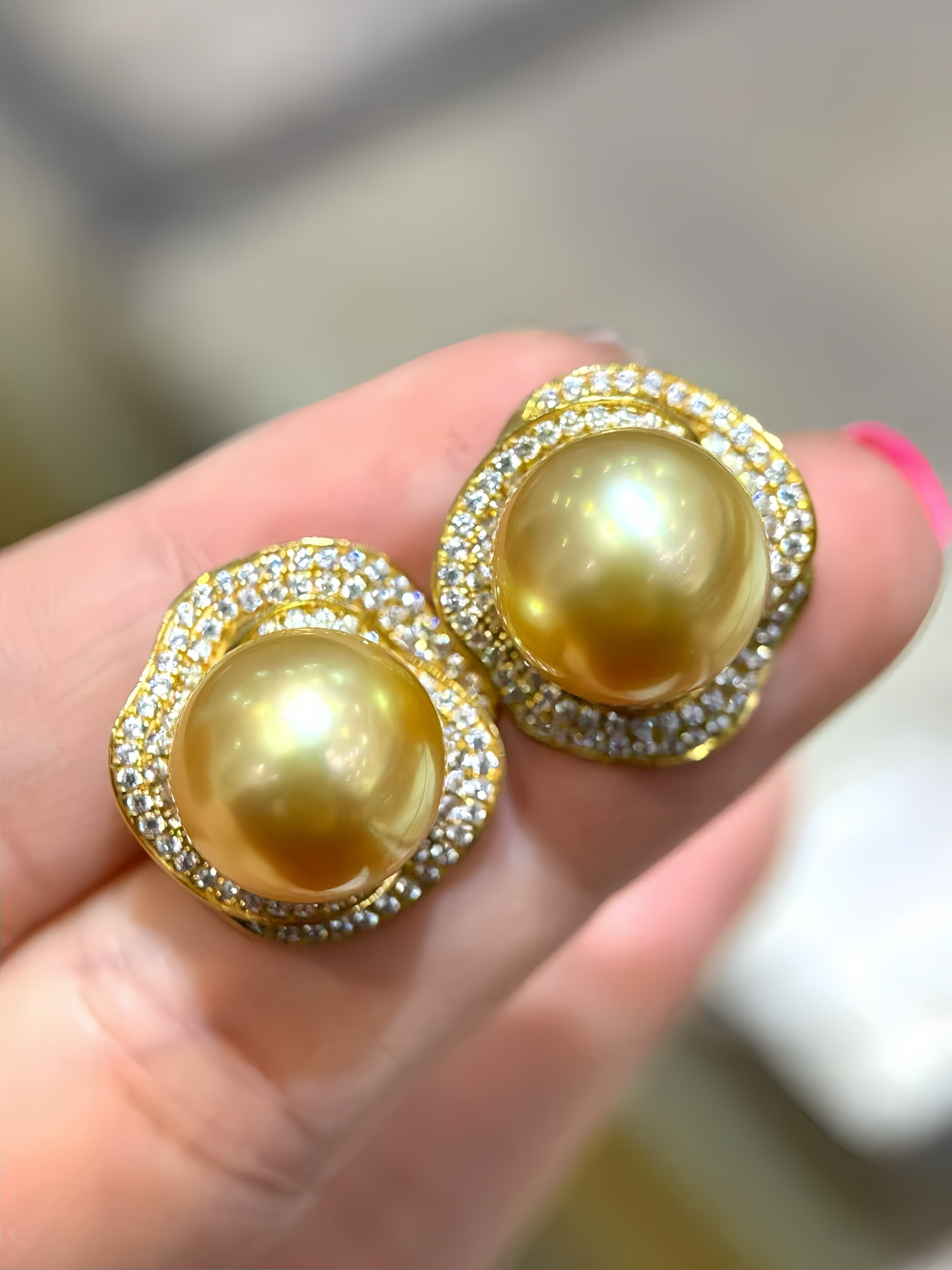 12-13mm South Sea Gold Pearl Earrings/18K Gold E.02