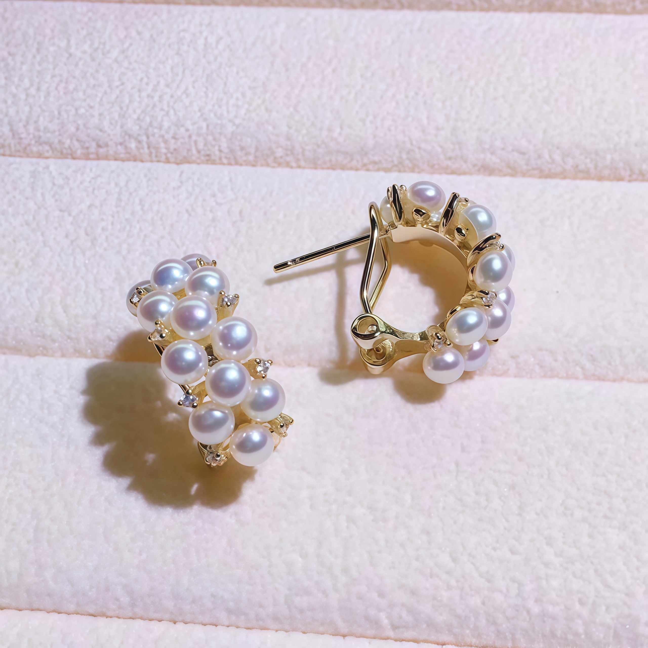 Aurora pearl hoop earrings showing front and side view with mini freshwater pearls