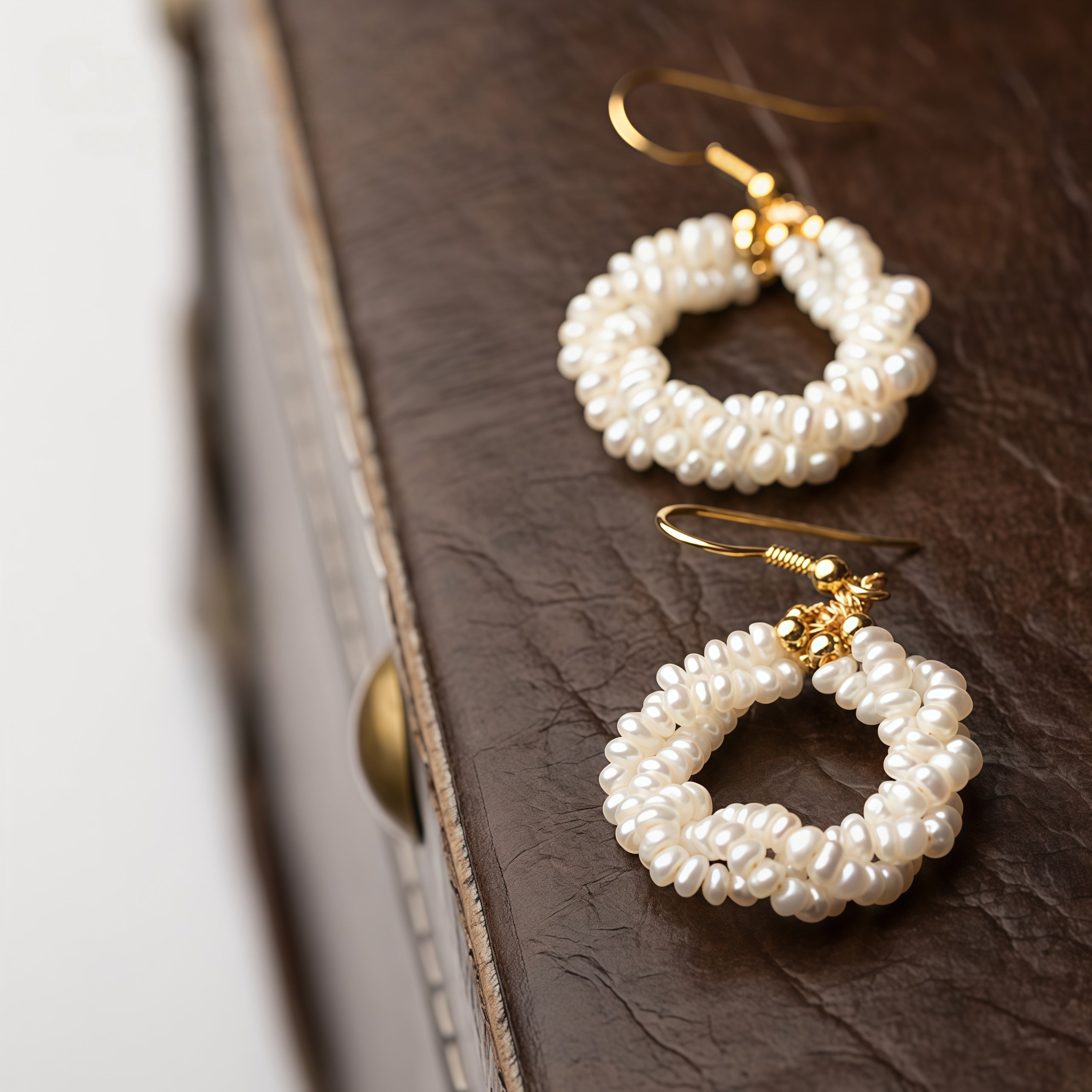 Close-up of handmade freshwater pearl drop earrings with twisted 3-layer mini pearl design