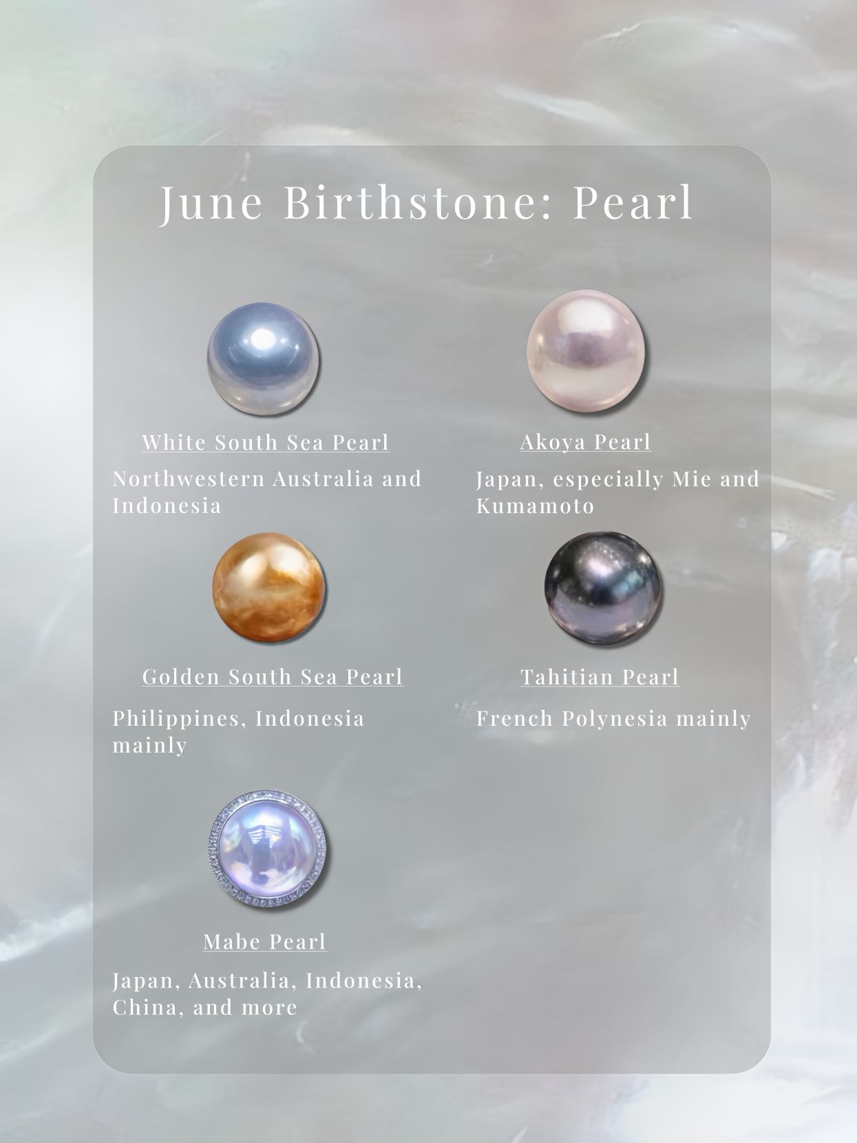 June birthstone pearl guide showing White South Sea pearl, Akoya pearl, Golden South Sea pearl, Tahitian pearl, and Mabe pearl with their origins