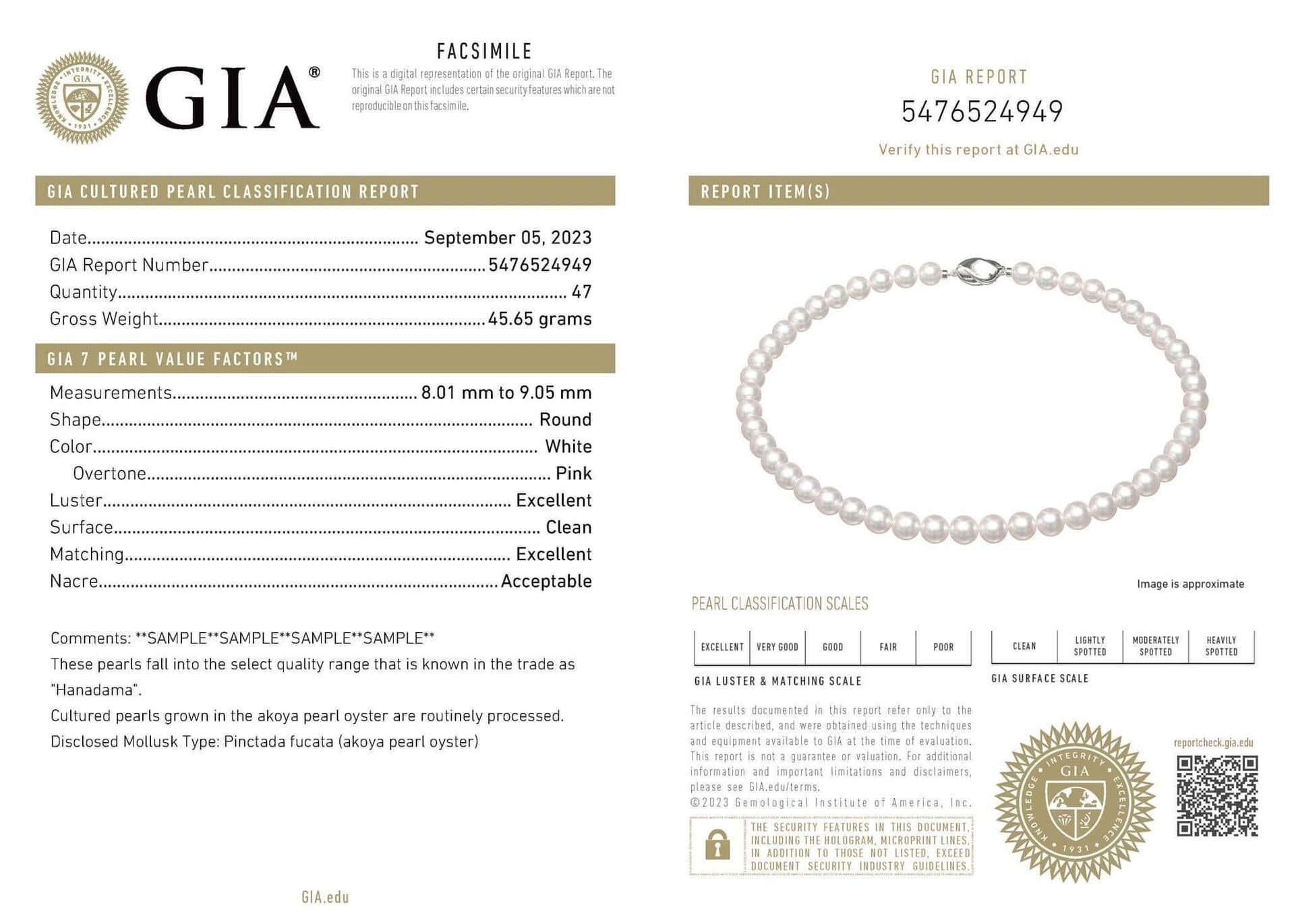 GIA pearl grade certification