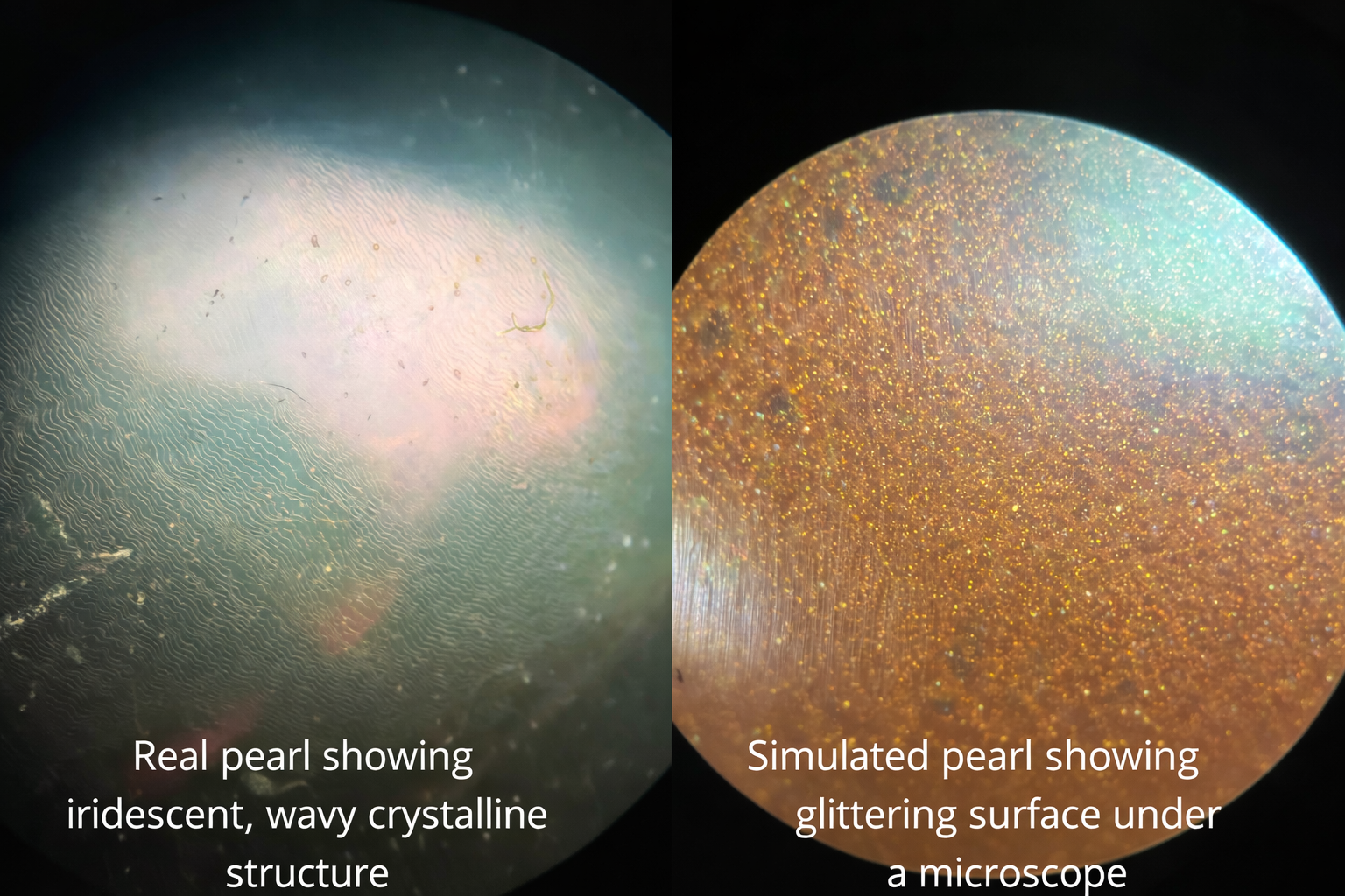 A side-by-side comparison of a magnified real pearl showing nacre scales vs. a magnified fake pearl showing a smooth, artificial surface.