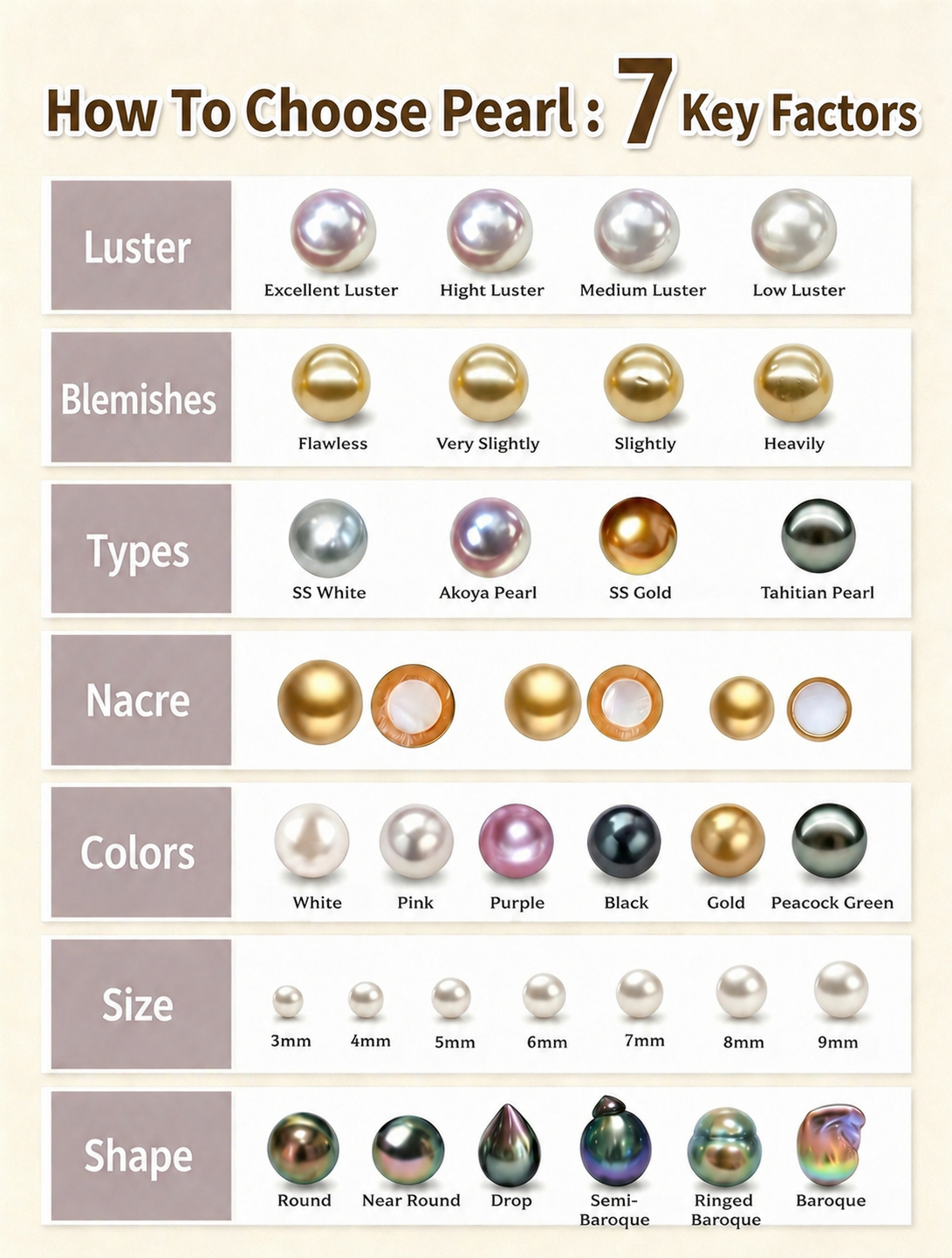 How to choose pearls guide showing seven key pearl value factors including luster, nacre, blemishes, type, color, size, and shape.