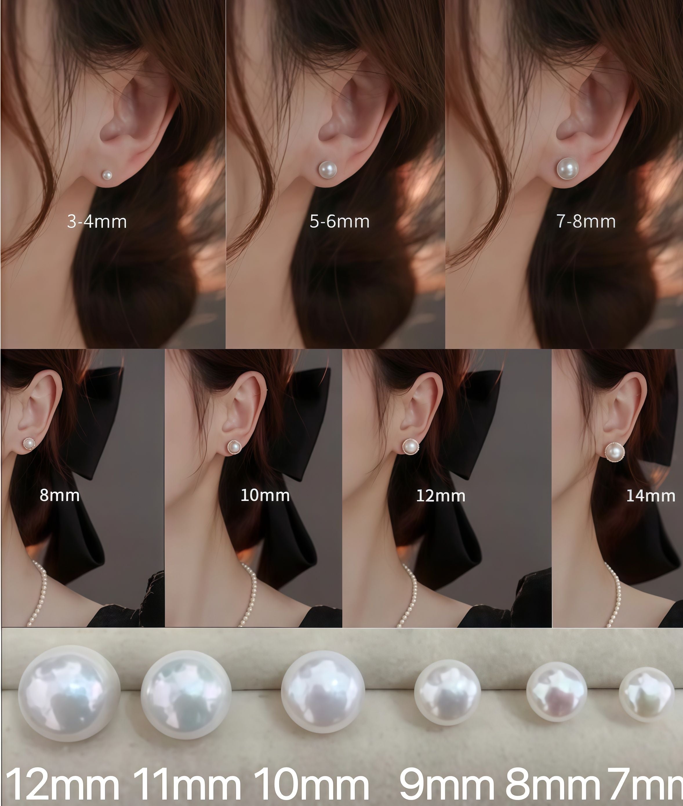 Pearl stud earrings size comparison from 3mm to 15mm showing everyday and statement sizes