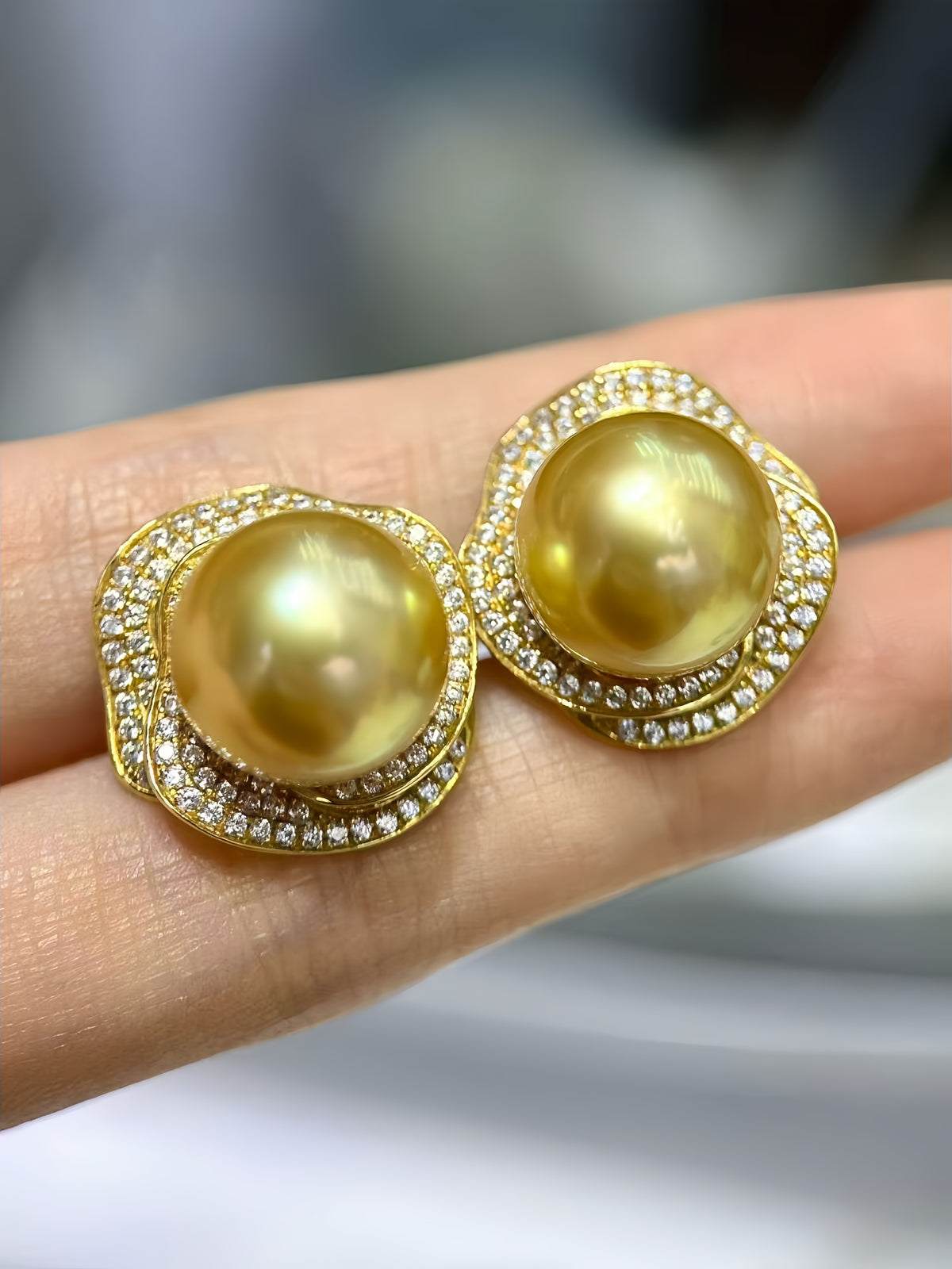 12-13mm South Sea Gold Pearl Earrings/18K Gold E.02