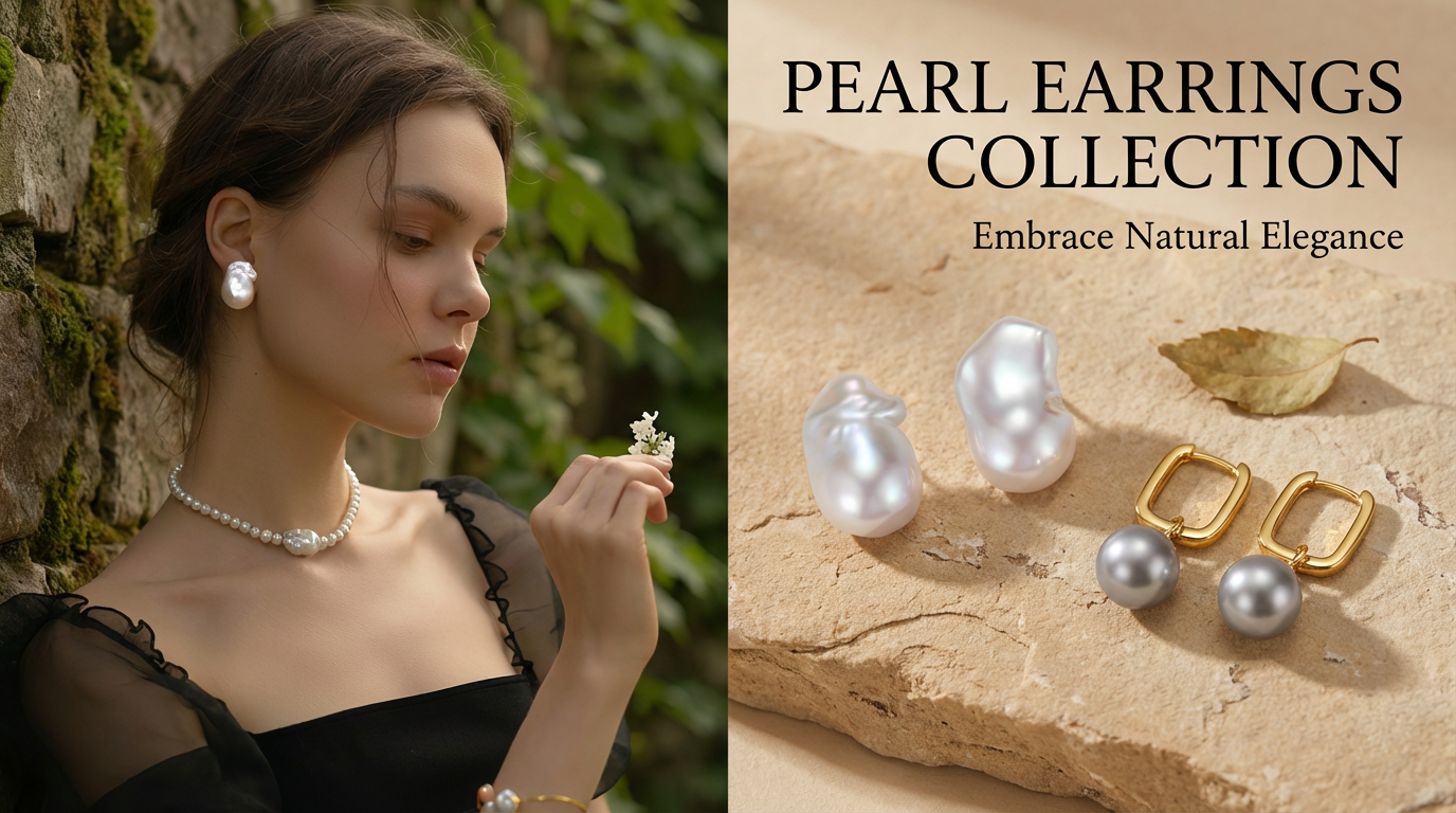 Woman wearing pearl earrings with a stone wall and greenery background, and pearl earring collection on a stone surface.