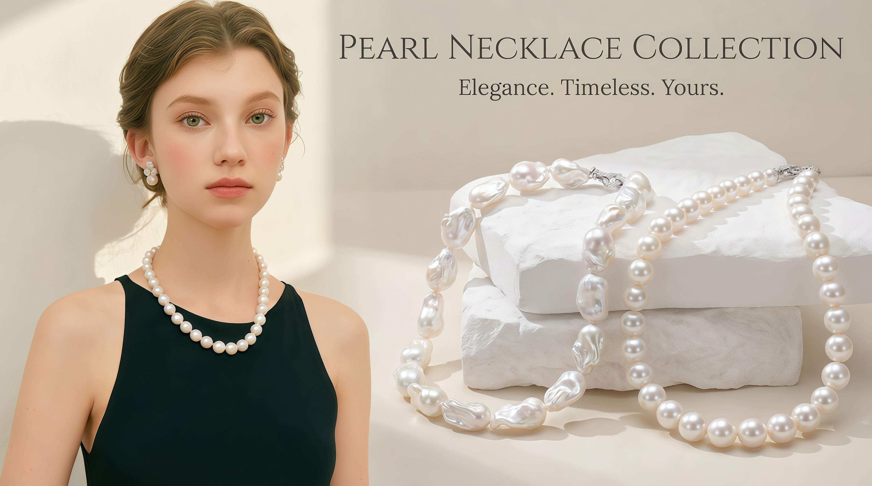 Woman wearing a pearl necklace with a pearl necklace collection display in the background.
