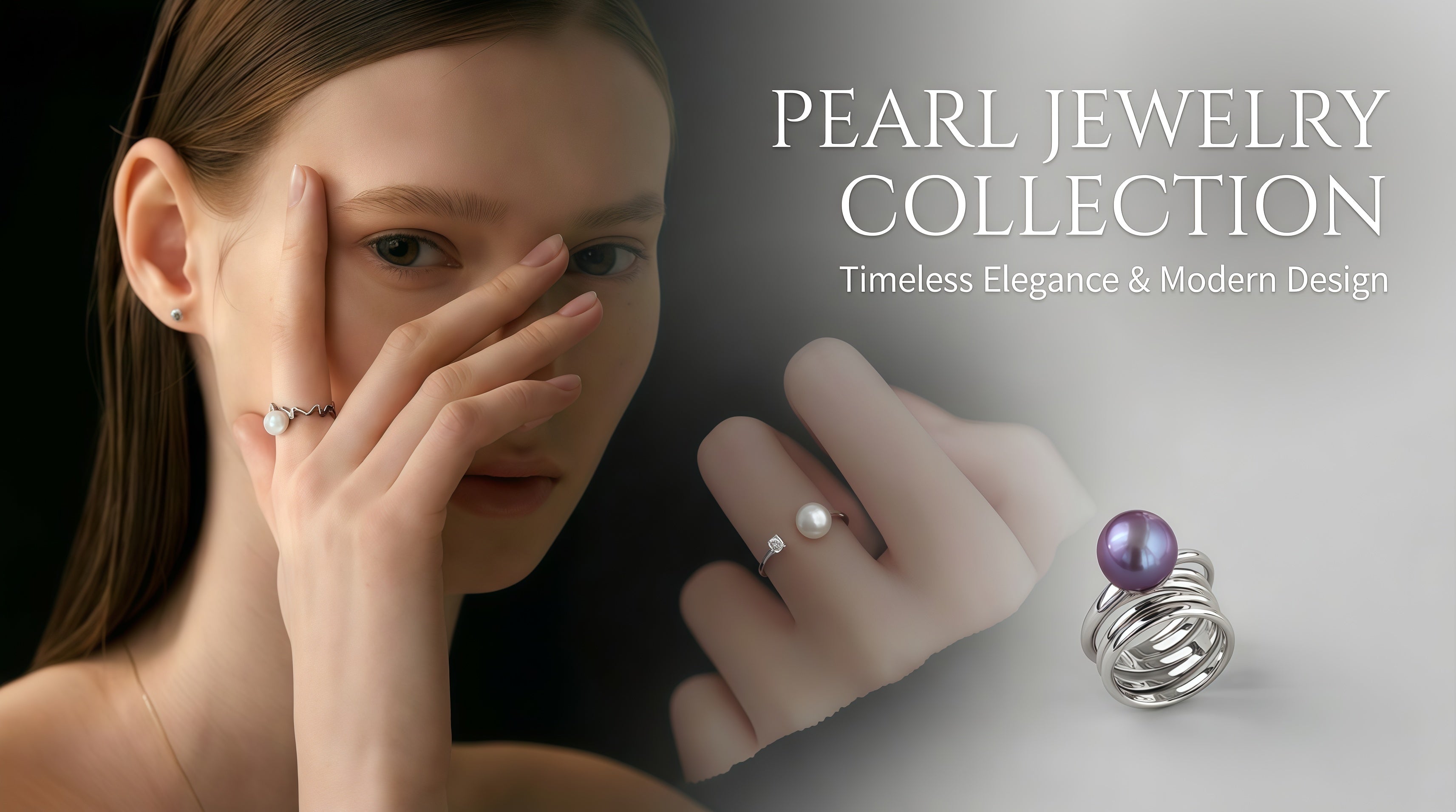 Pearl rings collection with a woman wearing a pearl earrings and holding a pearl ring, set against a dark background.