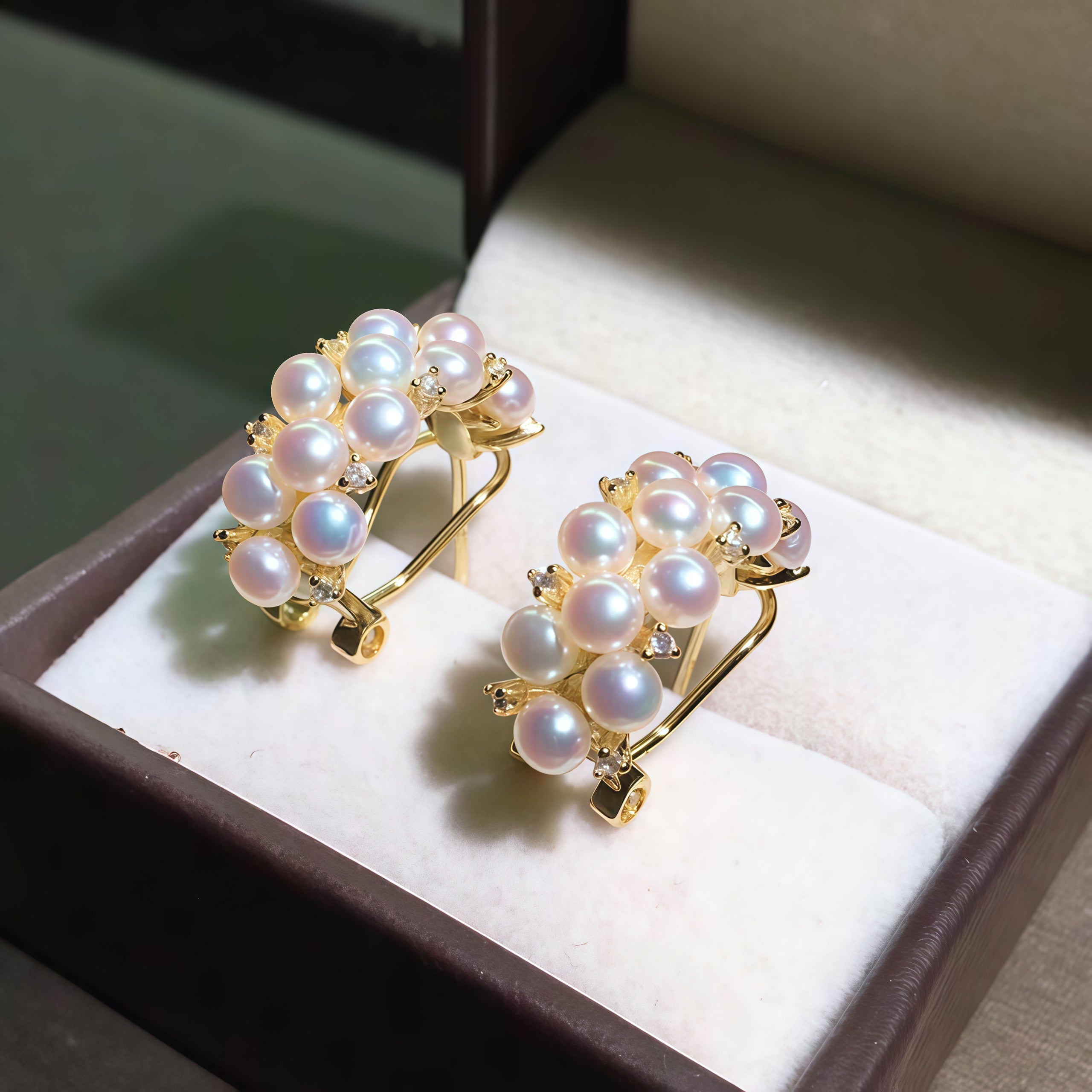 Aurora pearl hoop earrings in jewelry box with ten mini freshwater pearls on each hoop